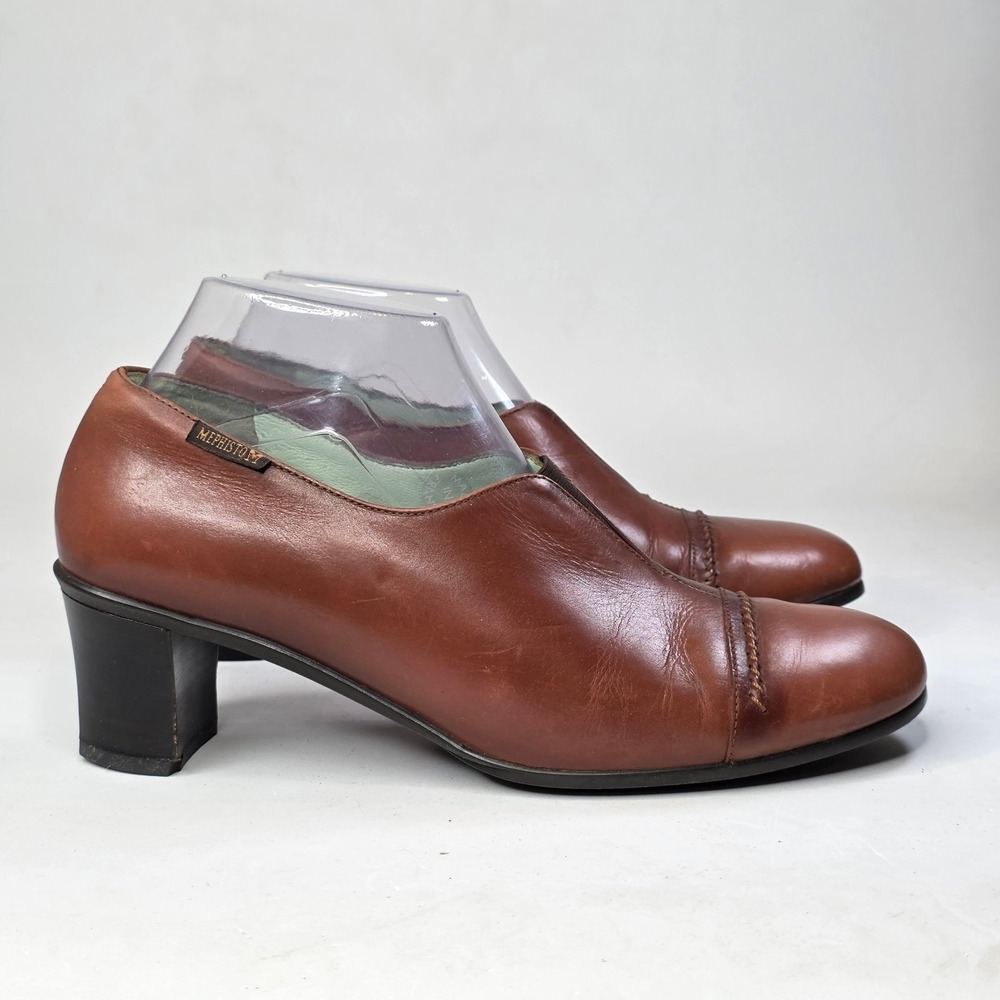Mephisto Womens Heels Size 9 Brown Leather Block Pumps Whipstitch Cap Toe France